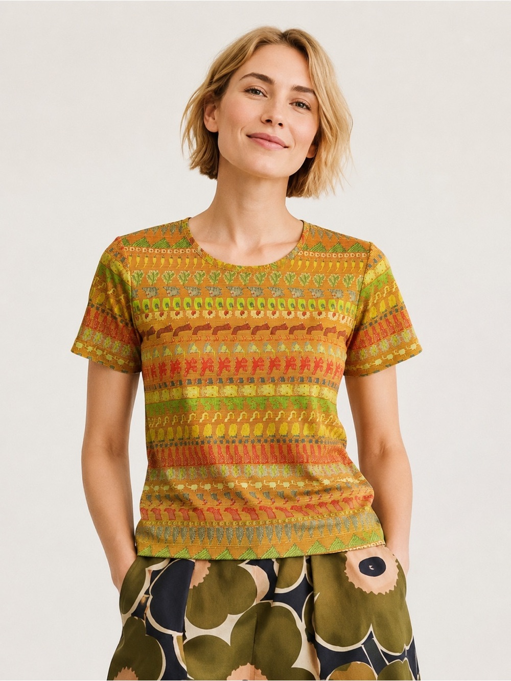 Marimekko Mika Piirainen Folk Animal Print Stretch T-Shirt Top Small